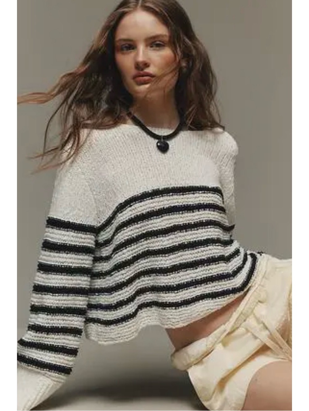 Striped Cropped Knit Sweater in White and Black